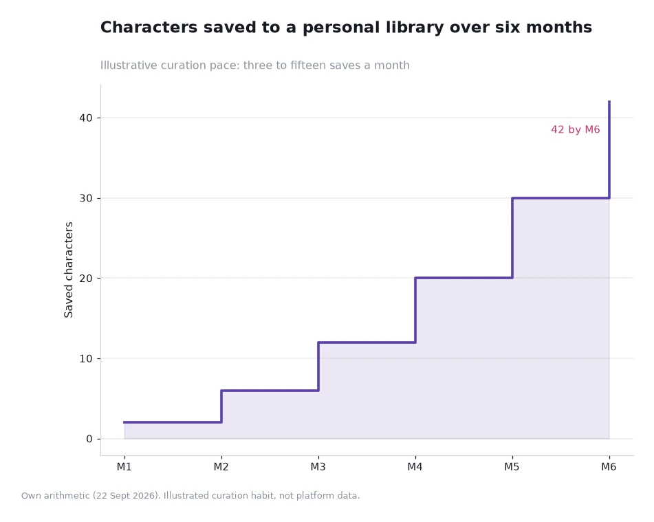 Step chart showing saved characters rising across six months from two to forty-two